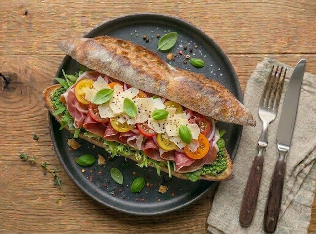 Sandwich Le Bayonnais — jambon cru de Bayonne, salade, tomates, pesto, parmesan sur pain de tradition.