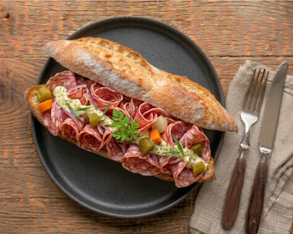 Sandwich Le Beaujolais — tranches de rosette, sauce béarnaise, cornichons, sauce bourguignonne, herbes fraîches.