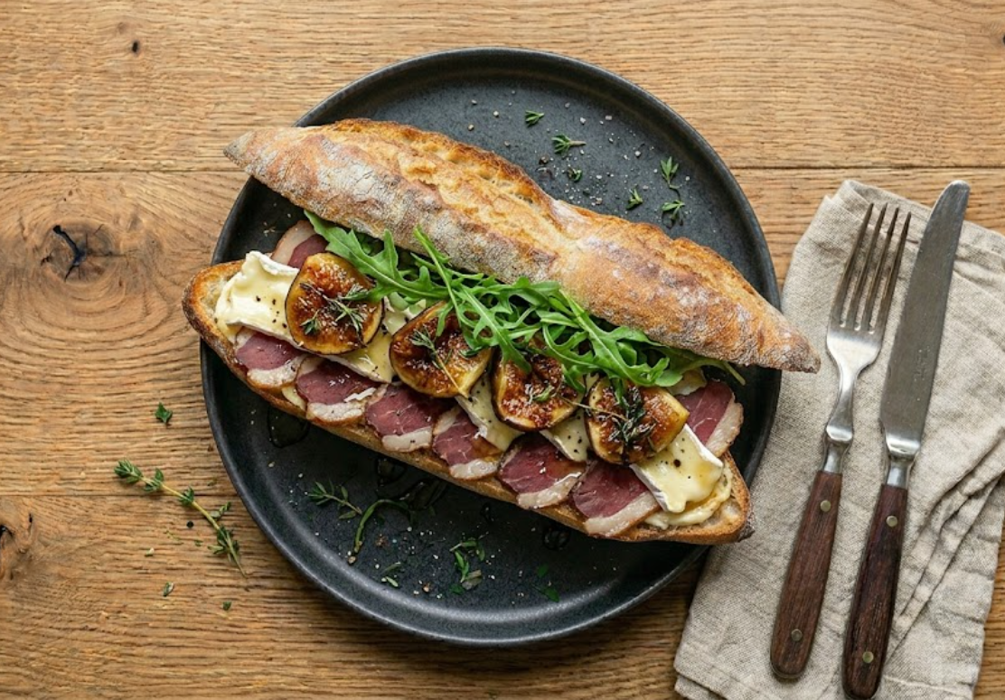 Sandwich Le Gascon — magret séché maison, brie, figue rôtie au miel et thym, roquette, beurre demi-sel, poivre, miel.