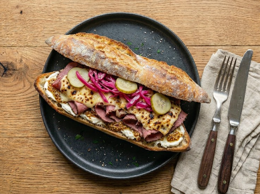 Sandwich Le Comtois — pastrami, pickles choux rouge et concombre, moutarde au miel, comté grillé, cream cheese.