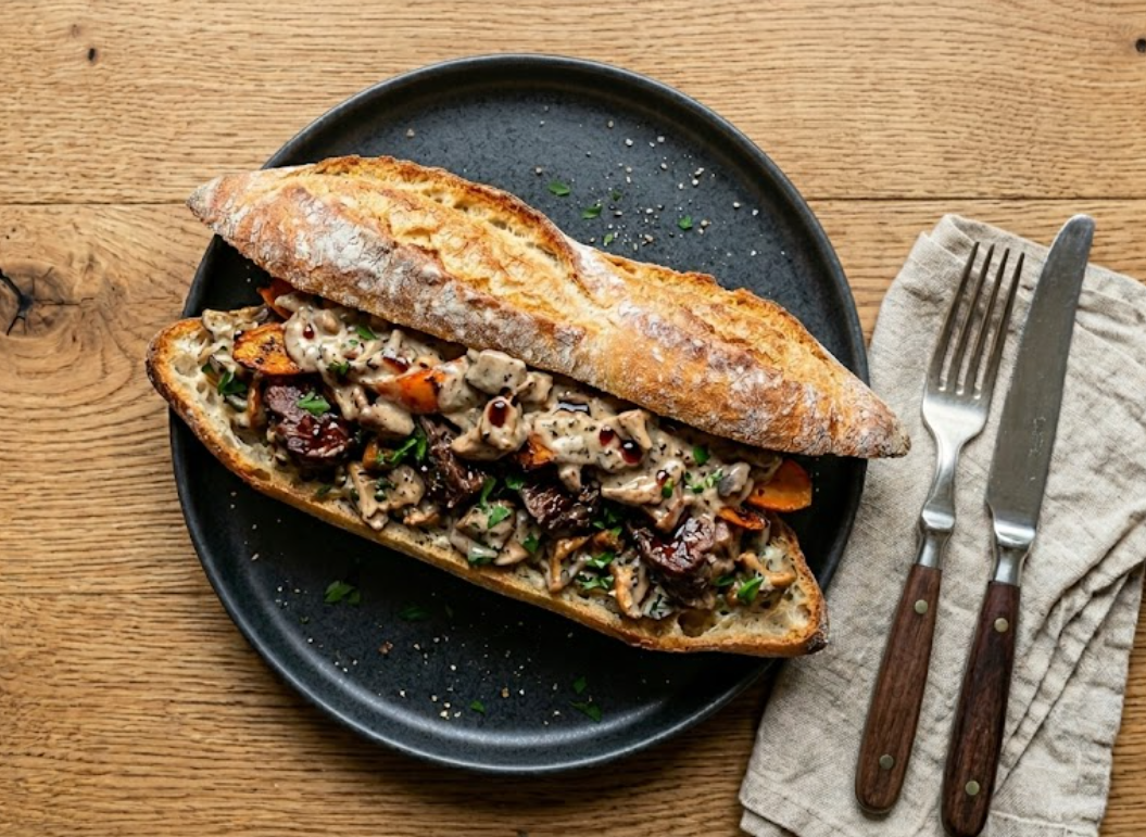 Sandwich L'Ardennais — agneau confit, sauce aux champignons, carottes grillées, sur pain de tradition.