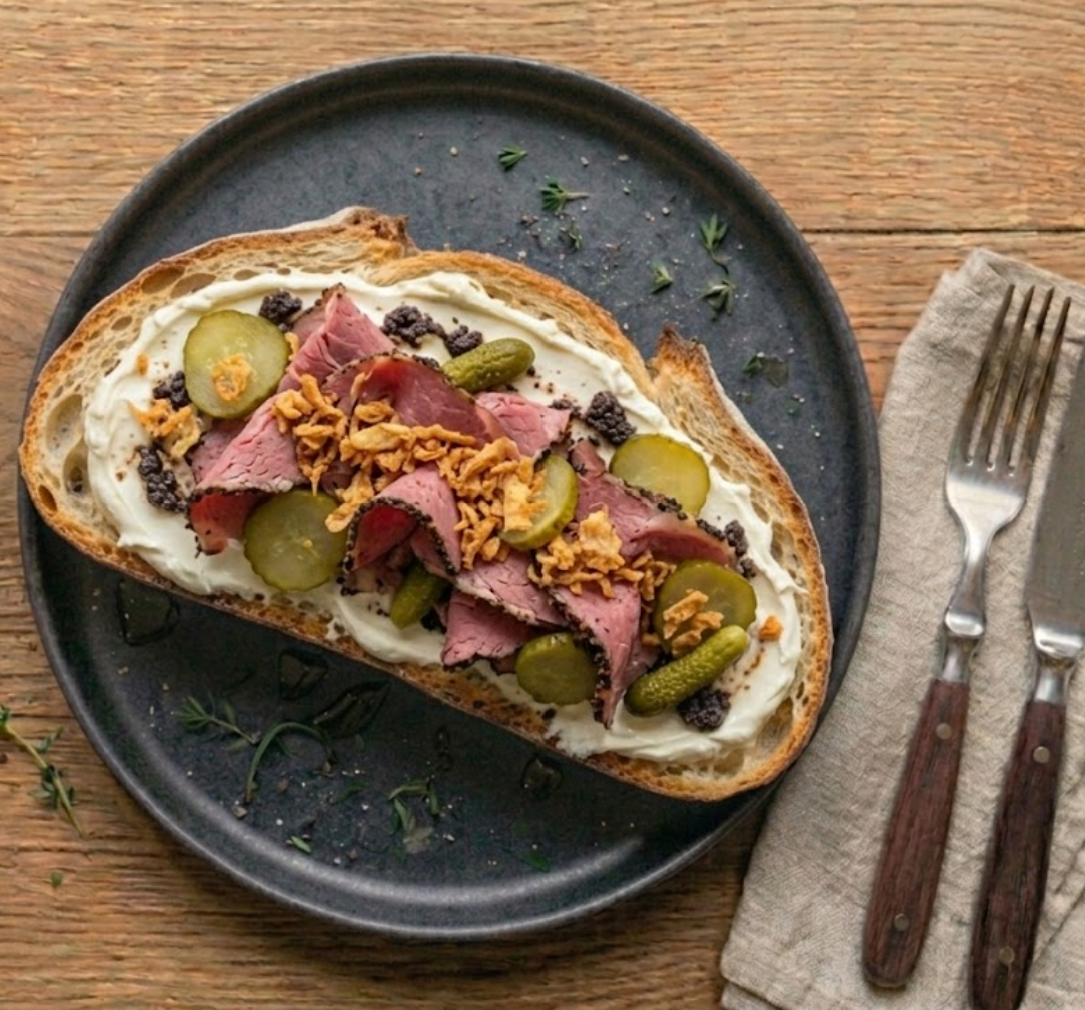 Tartine La Polo — pain de campagne, cream cheese, tranches de pastrami au liseré poivre noir, rondelles de cornichons, points de tapenade, oignons frits dorés.