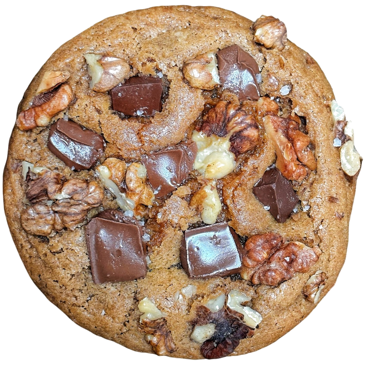 Cookie Choco-Caramel — pâte dorée, chunks de chocolat au lait, noix concassées, cristaux de fleur de sel.