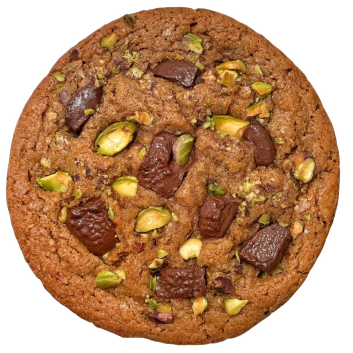 Cookie Pistache — pâte vanillée, brisures de pistache vert vif et chunks de chocolat noir fondants.