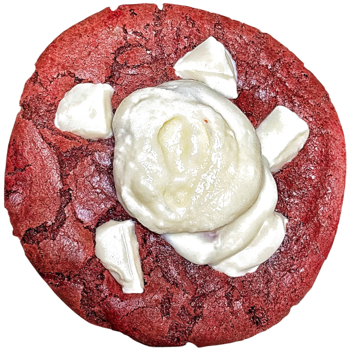 Cookie Red Velvet — pâte rouge intense, cœur de cream cheese, éclats de chocolat blanc autour.
